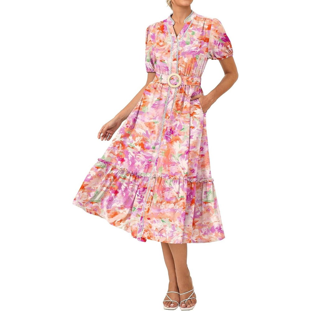 New With Tags Grace Karin Floral Chiffon Maxi Dress Balloon Sleeve Belted S